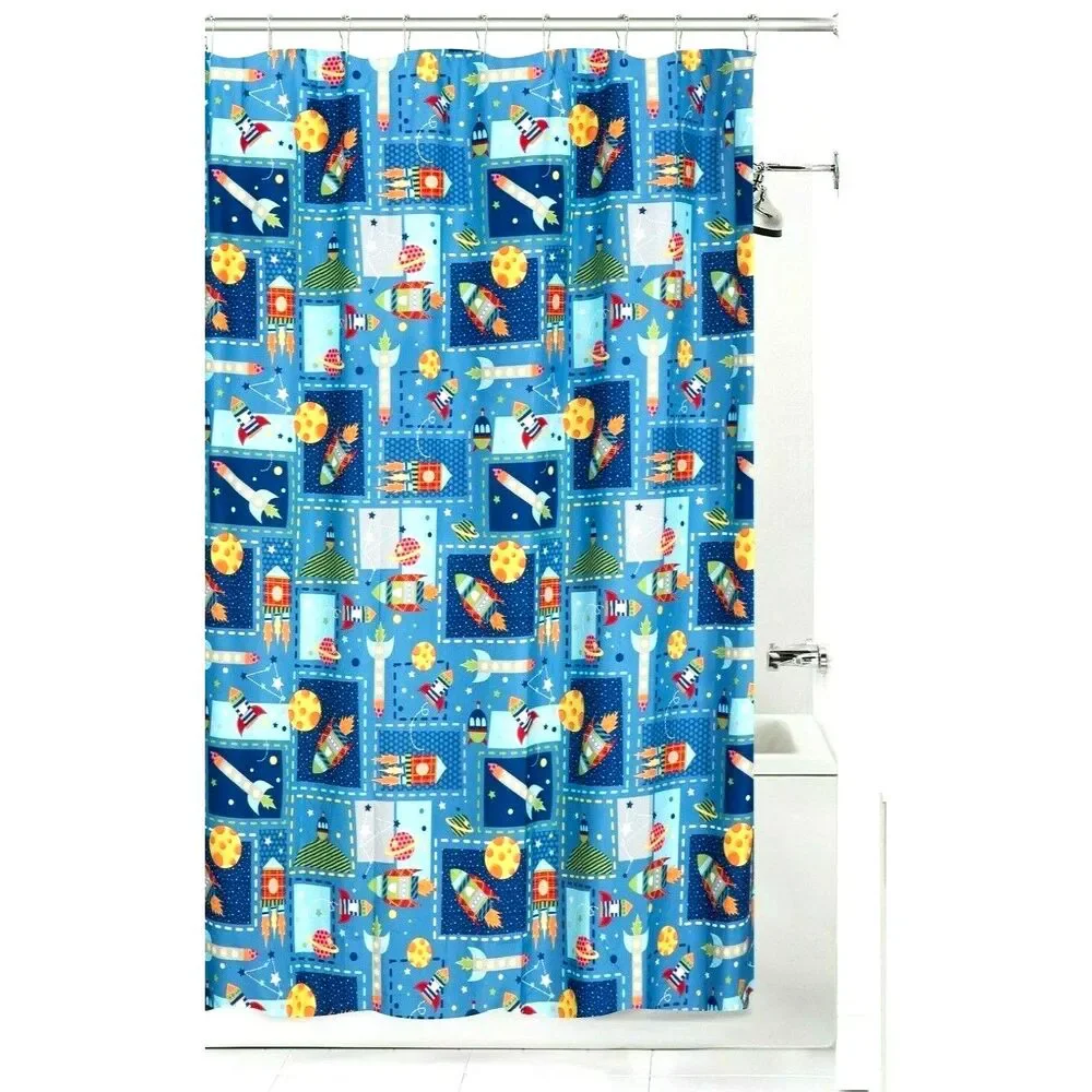 Space Kids Shower Curtain Rockets Planets Stars Constellation Bath Blue Gift NEW